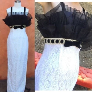 VTG Shelf Bra Dress white lace Wedding black velvet bow XS S 0 2 4 Tee-Ca NY - Picture 1 of 10
