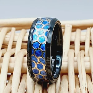 Honeycomb Tungsten Wedding Band Blue Opal Anniversary Ring Men's Engagement Ring - Picture 1 of 7