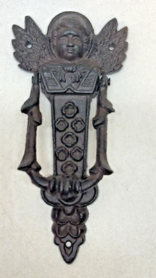 Cast Iron Angelic Cherub Face with Wings 8 inch Long Door Knocker - Image 1 of 4