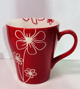 STARBUCKS 2007 LARGE COFFEE MUG 15 oz. FLARED Red with Embossed White Flowers - Picture 1 of 8