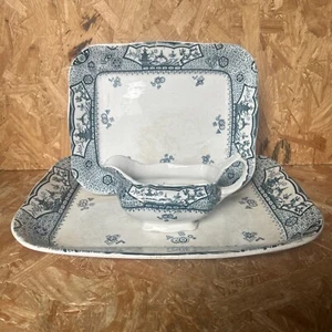 Antique Fielding Pottery 2 x Cypress Rectangular Serving Platter & Gravy Boat - Picture 1 of 24