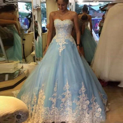 Light Blue Wedding Dress White Lace Appliques Sweetheart Bridal Gown Sweep Train - Image 1 of 4