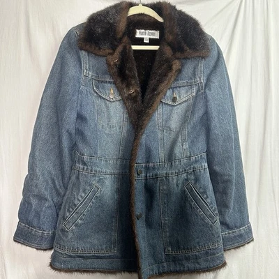 Vntg. Marvin Richards Denim Jacket Coat Faux Fur Lining Trim Womens Medium - Image 1 of 4