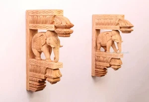 Wooden Corbel Wall Bracket Indian Elephant Statue Entry Way Decor Lamp Hanger - Picture 1 of 6