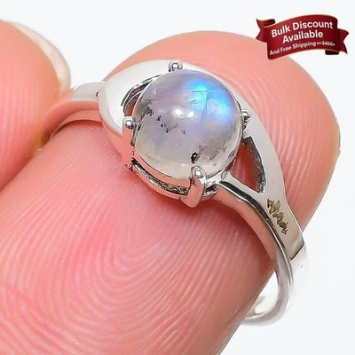 Anillo Chakra Corona Racimo Plata 925 Piedra Lunar Arco Iris Natural Joyería Talla 8 Foto 1 de 4