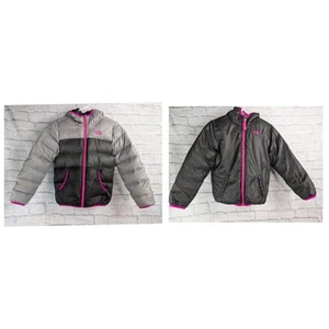 The North Face Girl's Reversible Hooded Puffer Coat 10/12 Black Pink Gray Medium - Picture 1 of 7