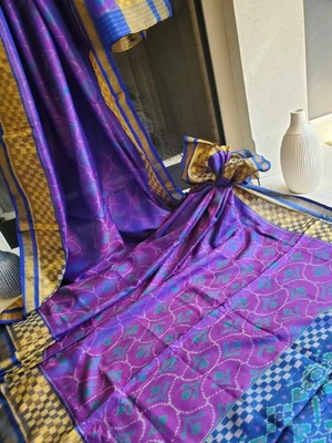 Women Pure Silk Authentic Single Ikkat Rajkot Patola Saree Designer Handloom - Image 1 of 4