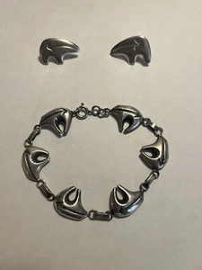 Handmade Glenn Sandoval Navajo Bear Bracelet and Earring Set Sterling Silver - Picture 1 of 6