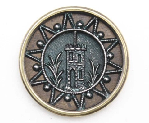 1.06" Victorian Mediterranean Stone Tower Picture Button Mesh Green Starburst Cover