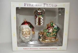 Fitz and Floyd 3 Christmas Ornaments Santa, Dove On Present, Sleigh with Gifts - Picture 1 of 6