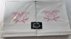 2 Vintage Pink Floral Embroidered Linen Pillowcases NEW - Picture 1 of 4