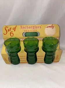 Whirly Twirly Glasses Anchor Hocking Green Rippled Tumblers w/Box! Vtg 6pcs - Picture 1 of 3