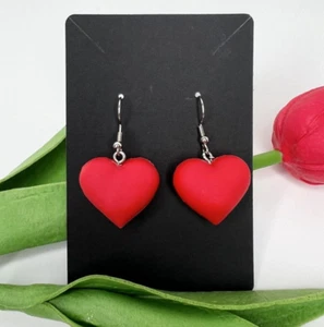 Handmade 3D red heart love charm silver hook earrings jewelry - Picture 1 of 4