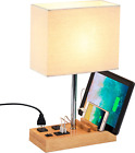 Desk Lamp: 3 USB Ports, 2 AC Outlets, 3 Phone Stands, Wooden Base, Linen Shade