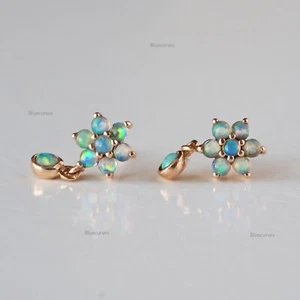 Natural Opal Flower Drop Studs 14k Solid Yellow Gold Earrings Wedding Jewelry - Picture 1 of 11