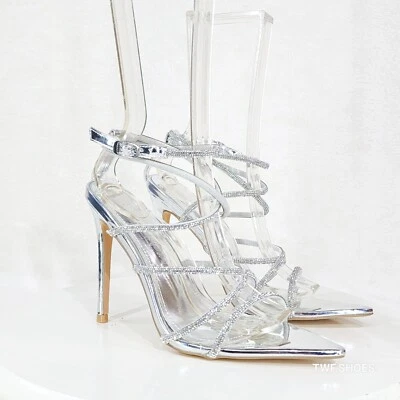 Party Town Silver Metallic Strappy Rhinestone Pointy Toe High Heels - Image 1 of 4