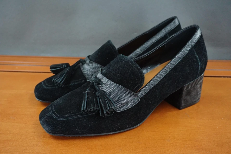 Donald Pliner Zapatos Mujer Talla 8.5 Negro Kressida Borla Mocasín Tacones Bloque Foto 1 de 4
