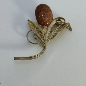Vintage Gold Tone Filigree Brooch Goldstone Copper Glitter Stone Costume Pin - Picture 1 of 16