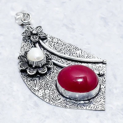 Kashmir Red Ruby, Pearl Gemstone 925 Sterling Silver Jewelry Pendant 2.96" N064 - Image 1 of 4