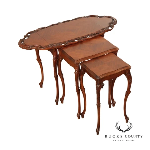 Vintage Louis XIV Style Walnut Parquetry Decorated Nesting Tables Cover