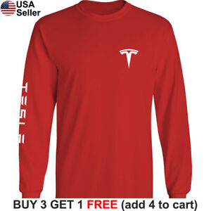Tesla Long T-Shirt Motors Logo Emblem Elon Musk Car Men Racing Chest