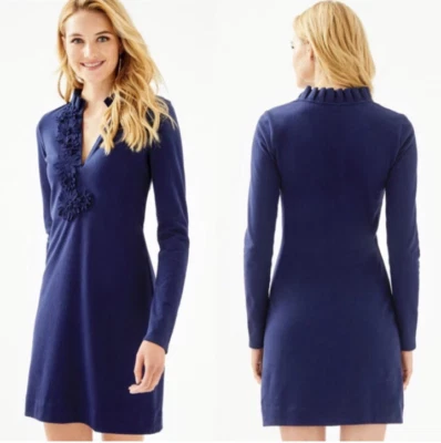Vestido polo Lilly Pulitzer Clary tamanho G novo com etiquetas azul marinho verdadeiro manga longa babado floral - Imagem 1 de 4