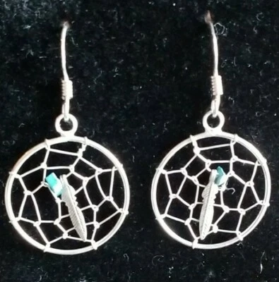 Brincos de prata esterlina turquesa apanhador de sonhos e penas 0,925 - Imagem 1 de 4