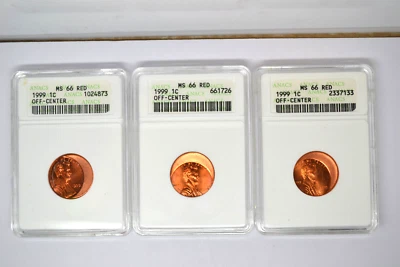 Trio of 1999 Lincoln Off-Center Cents- ANACS MS-66 RED.  Dramatic Errors!! - Image 1 of 4
