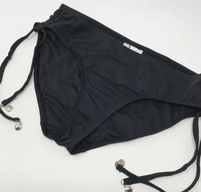 Parte inferior de bikini M Anne Cole acanalada lateral negra MYMB30001 lazos laterales logotipo de metal dorado Foto 1 de 4