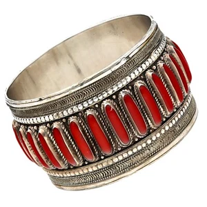 Sterling Silver 925 Nugget Teeth Coral 43mm Wide Women's Bangle Bracelet 8" - Picture 1 of 5