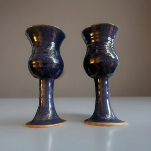 (2) HANDCRAFTED ART POTTERY CHALICE / GOBLETS - Blue glazed - Picture 1 of 4