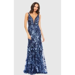 Mac Duggal  Dark Blue Floral Embellished Sleeveless Plunge Neck Gown Size 14 - Picture 1 of 14