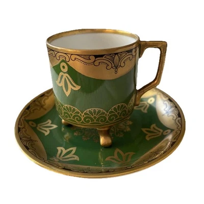 Xícara de chá vintage Mitterteich Baviera miniatura Demitasse xícara pires Alemanha ouro verde - Imagem 1 de 4