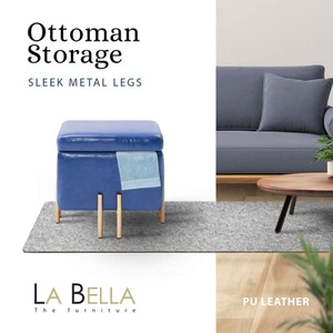 Storage Ottoman Cube Seat Blanket Chest Couch Tuffet Foot Stool PU Leather BLUE - Picture 1 of 12