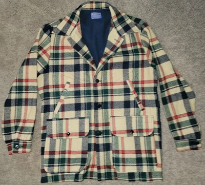 Vtg Pendleton Wool Mackinaw Jacket Mens Large Plaid USA Beige Blue Green Red  - Image 1 of 4