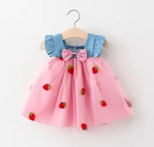BEBÉ NIÑA FRESA EMPALMADA DENIM Y MALLA BORDADA MANGAS VOLADORAS - 6/9MO - Imagen 1 de 6
