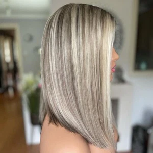 Balayage Ash Blonde Highlight Straight Bob 13x4 Lace Front Wig Remy Human Hair - Picture 1 of 9