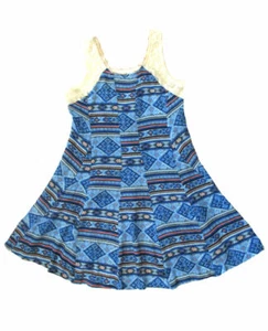 NEW Girls  Pink Rock Blue & Ivory Lace Easy Tween Skater Summer Dress 7 w/Beads  - Picture 1 of 3
