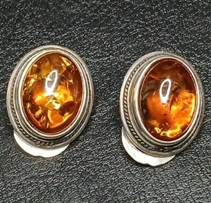 Vintage Sterling Silver 925 Faux Amber Cabochon Clip On Earrings POLAND. 11/433 - Picture 1 of 7