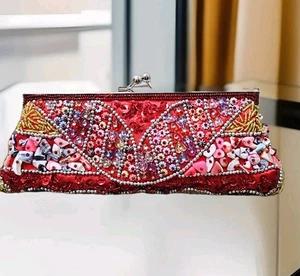 Vintage 90s Embellished Hand Bead-Embroidered Red Small Clutch Bag Shoulder Bag - Picture 1 of 5