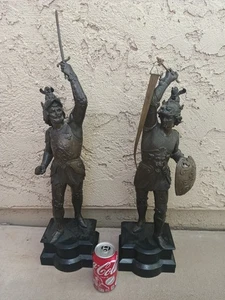 Antique French Late Victorian Spelter Knight Statues Pair X2 - Picture 1 of 12