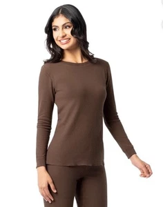 Medium Fruit of the Loom Thermal Waffle Crew Shirt Long Sleeve Brown Womens 8-10 - Picture 1 of 7