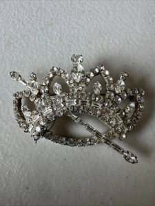"Broche corona y cetro de diamantes de imitación de cristal transparente vintage grande 3""" - Imagen 1 de 7
