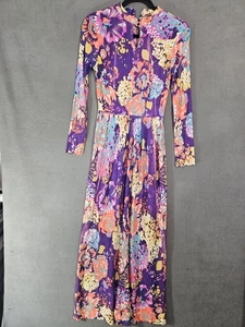 Vintage 80s Peter Evens Womens 14 Maxi Dress Colorful Floral Sheer Mockneck Boho - Picture 1 of 14