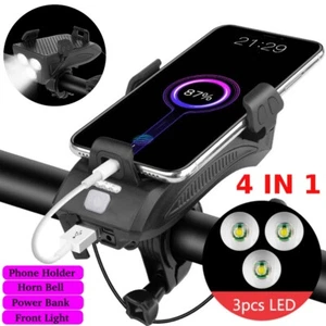 4 in 1 Bike Headlight Front Light Power Bank Cycling Phone Holder Rechargeable - Picture 1 of 12