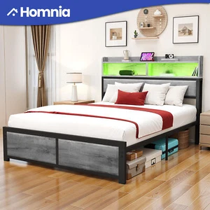 Full Size Metal Platform Bed Frame with Shelves LED Lights USB Charging Outlets - Picture 1 of 12