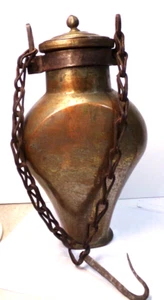 Antique 19th Century Handwrought IRAN BRASS WATER JUG Canteen w/ Lid & Chain 11" - Picture 1 of 10