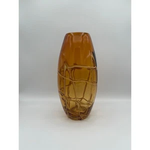 Amber Art Glass Vase with White Abstract Geometric Lattice, Handblown 12” Tall - Picture 1 of 9