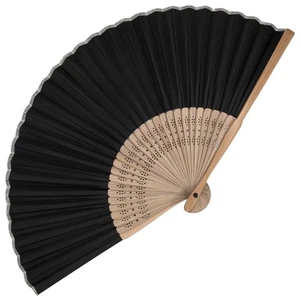 Ventilador plegable japonés Sensu troquelado bambú ahumado y tela negra similar a la seda de colección - Imagen 1 de 3