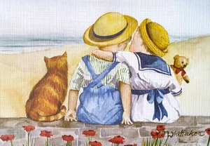 Tarjeta de felicitación artística de colección niña niño playa gatito océano mar pensamientos de vacaciones - Imagen 1 de 2